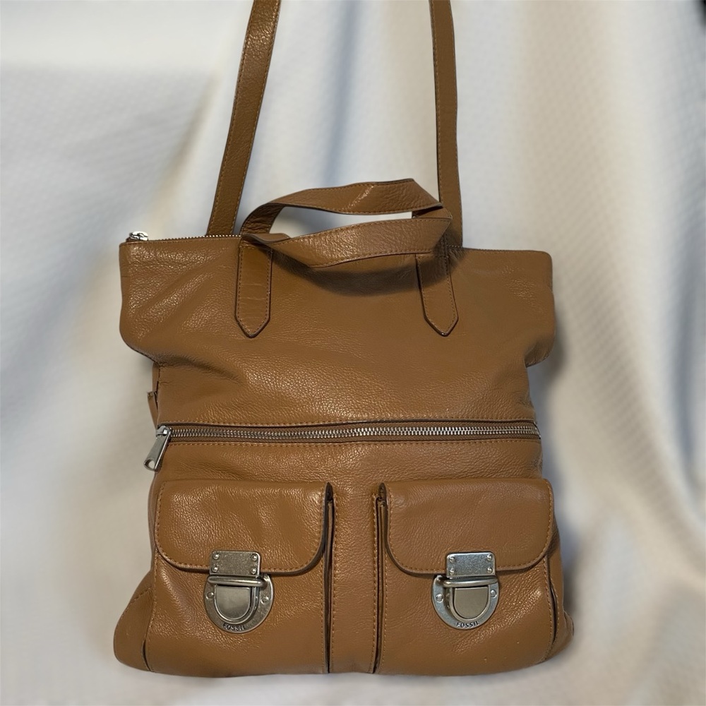 Fossil Brown Leather Tote with Spacious Design and front pockets